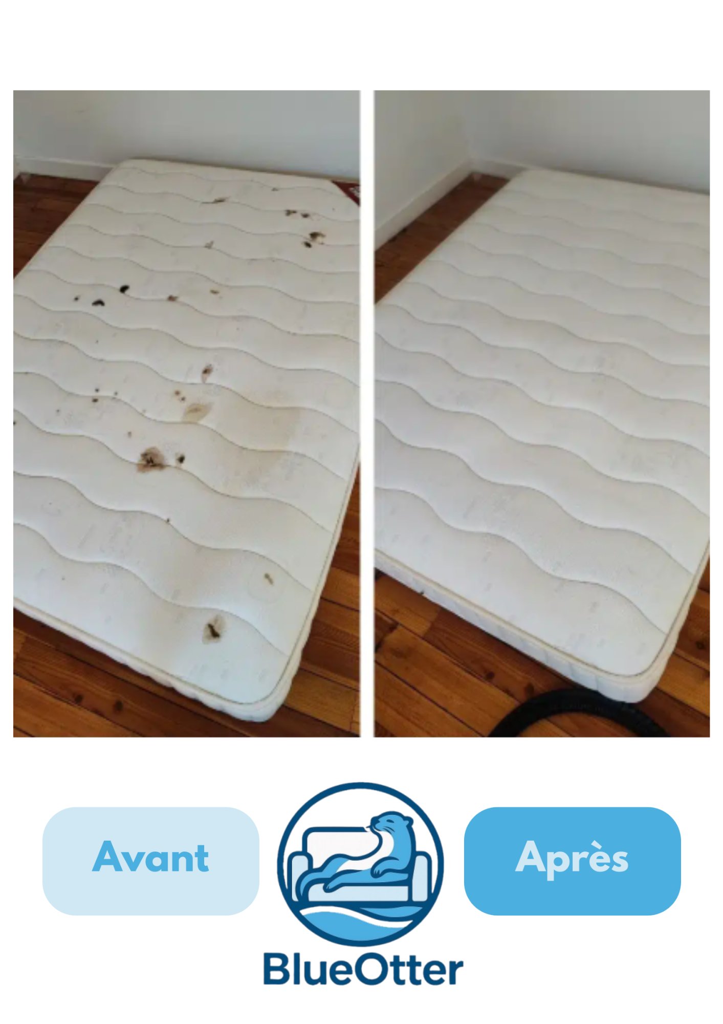 Avant après nettoyage matelas 1 place taches sombres BlueOtter